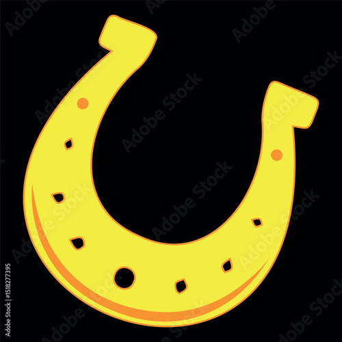 Golden horseshoe vector drawing, on a black background. A horseshoe is a symbol of good luck.