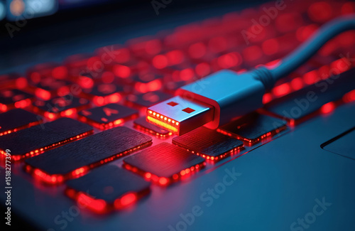 Red glowing USB cable on laptop keyboard. Data transfer connection, digital device port tech. Modern cyber network technology, interface, input output. Information processing.