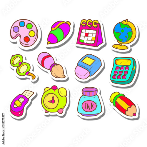 Collection of illustrations of school equipment and pictures, pencil, brush, glasses, alarm, paint palette, pencil, cutter, pen, globe