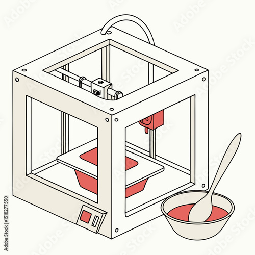 3D printer illustration with a bowl and spoon in a creative manufacturing setting
