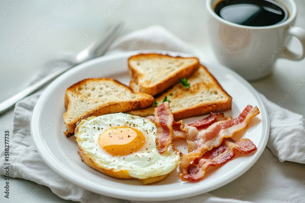 Homemade American breakfast. Scrambled eggs with bacon and toast, a cup of coffee and a fork on a white table. Healthy breakfast. The concept of healthy eating. Homemade American breakfast. Scrambled eggs with bacon and toast, a cup of coffee and a fork on a white table. Healthy breakfast. The concept of healthy eating.