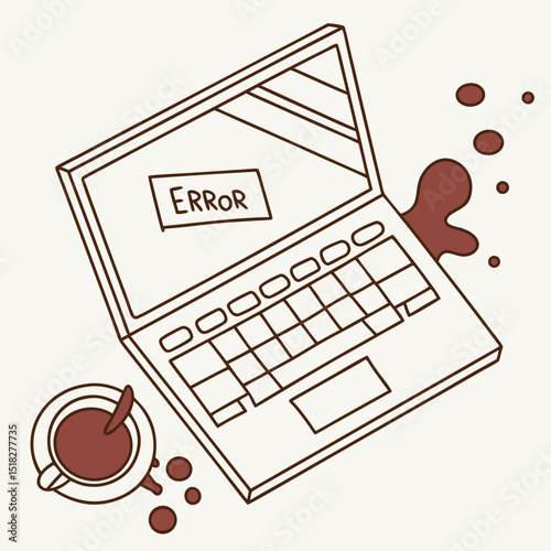 Laptop illustration displaying an error message with spilled coffee in a humorous context
