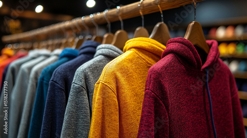 Colorful hoodies on hangers in a retail store.