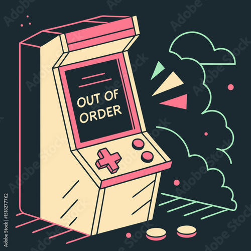 Out of order arcade game machine illustration with a retro vibe in a fun setting