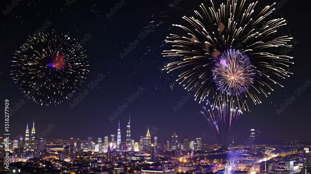 Loopable red and gold fireworks over illuminated city skyline at night, shimmering bursts and glowing trails in sky, perfect for Independence Day, New Year, or urban celebration scenes