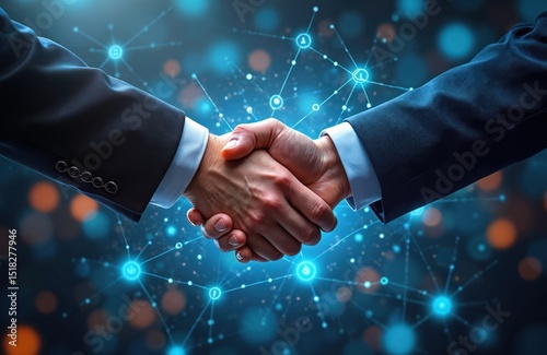Two business partners shake hands. Agreement deal, teamwork concept, digital network graphic, AI, tech. Successful corporate meeting. Partnership, collaboration, innovation, digital world, modern