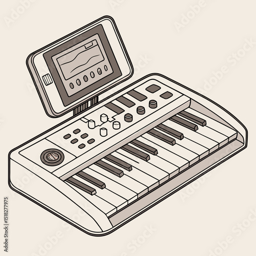 Electronic keyboard illustration with music control features in a creative setting