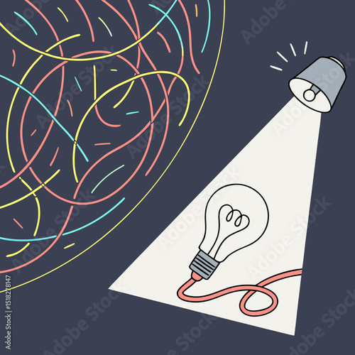 Lamp illuminating a light bulb with creative chaos in the background and a thoughtful ambiance