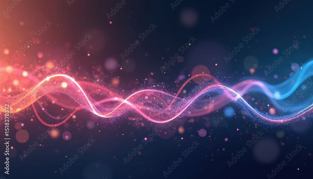 Fototapeta premium Abstract illustration features colorful flowing lines with sparkling particles on plain dark background. Design represents connection, network, technology. Art piece suits science, medical, modern