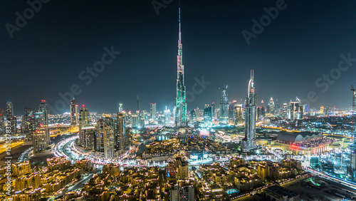 Photography Dubai Downtown at night timelapse view from the top in Dubai, United Arab Emirat