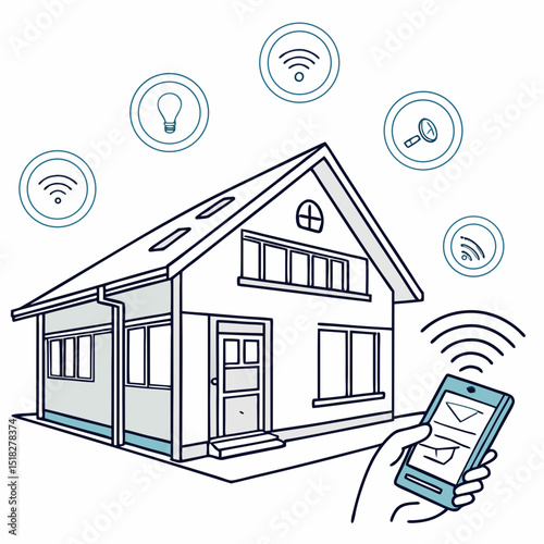 Smart home illustration with a smartphone controlling devices in a connected lifestyle
