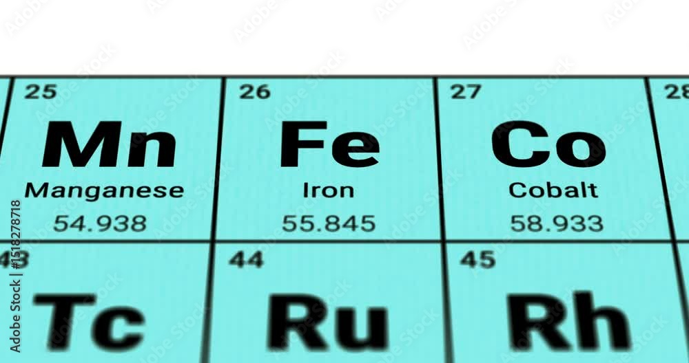 Iron element on periodic table of chemical elements, Fe - ferrum pharmacy and food additive products, tracking shot footage