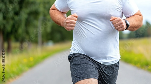 Overweight Man Jogging Outdoors, Fitness