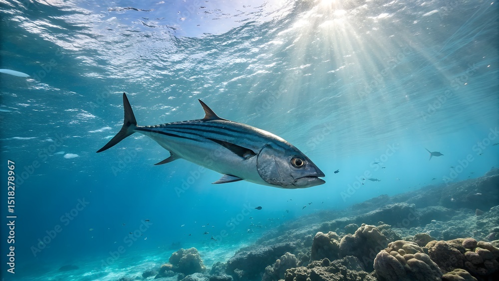 Obraz premium Skipjack Tuna Swimming in Blue Ocean Underwater SceneSkipjack Tuna Swimming in Blue Ocean Underwater Scene