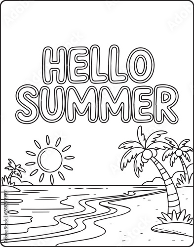 Hello summer with beautiful beach scenery vector outline coloring page for kids and adults