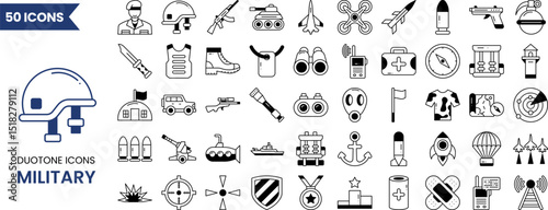 Military icon set in duotone style. Vector illustration