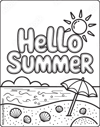 Hello summer with beautiful beach scenery vector outline coloring page for kids and adults