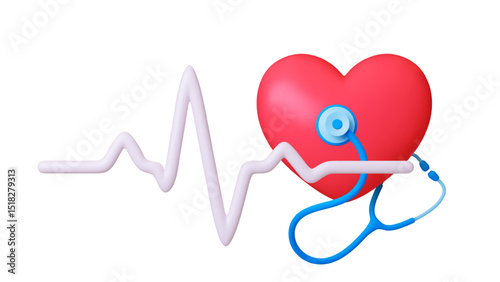 Medical 3d concept. Cardiology, heart rhythm line, red heart and stethoscope. Isolated realistic plastic style healthcare elements, vector design