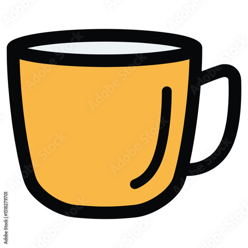 A cartoonstyle coffee cup with a yellow body and thick black outline filled with a white liquid