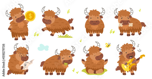 Yak characters. Isolated cartoon yaks play music, reading newspaper, run. Animal hold gold coin, business bull. Funny animals, nowaday vector set