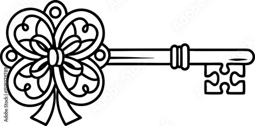 Ornate vintage key with floral bow and puzzle piece design, black outline illustration, symbol of solution