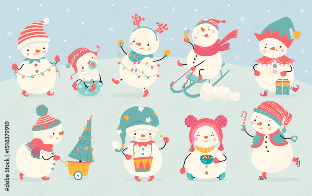 Funny snowman. Joyful snowmen sledding and skating, holding gifts and garlands. Winter mascots prepare to christmas and new year, nowaday vector set Funny snowman. Joyful snowmen sledding and skating, holding gifts and garlands. Winter mascots prepare to christmas and new year, nowaday vector set