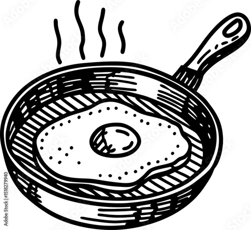 Fried egg in skillet hand drawn breakfast food illustration, hot frying pan with cooked egg and steam lines