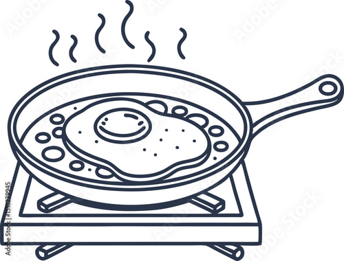 Fried egg in frying pan on gas stove simple line art breakfast illustration, hot cooking kitchen meal concept