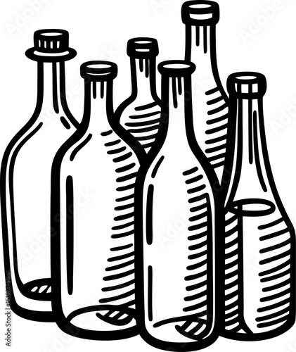 Hand drawn empty glass bottles standing together black and white sketch household containers illustration