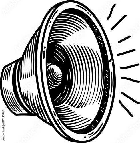 Vintage loudspeaker illustration with sound waves hand drawn retro audio equipment, classic speaker design