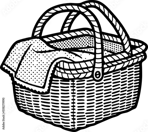 Wicker picnic basket illustration with woven handles and cloth napkin, vintage black and white drawing