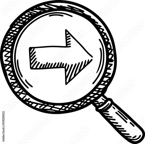 Magnifying glass with right arrow symbol hand drawn sketch illustration, search, navigation, direction indicator
