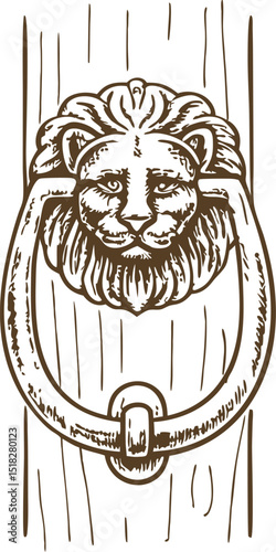 Vintage lion head door knocker illustration classic metal hardware on wooden plank retro antique home decor element