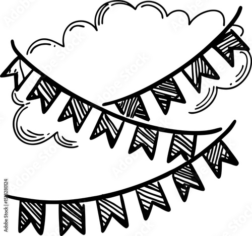 Hand drawn festive bunting flags with cloud background celebration, decoration, party banner illustration