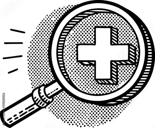 Magnifying glass with medical cross symbol search health icon, diagnostic examination, medical care concept