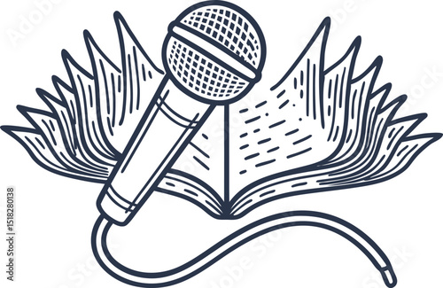 Open book and microphone illustration symbolizing literature, performance, spoken word and creative storytelling