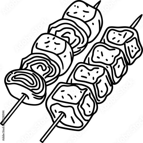 Grilled skewers with meat and vegetables outline illustration of barbecue food, kebab street snack sticks