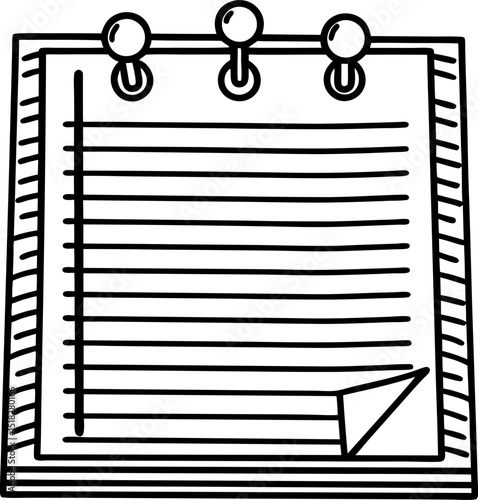 Notebook paper sheet with rings, black and white outline lined notepad page isolated icon, school stationery