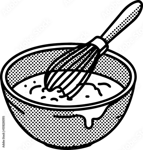 Mixing bowl and whisk with batter or dough hand drawn kitchen utensil for baking, cooking, recipe preparation