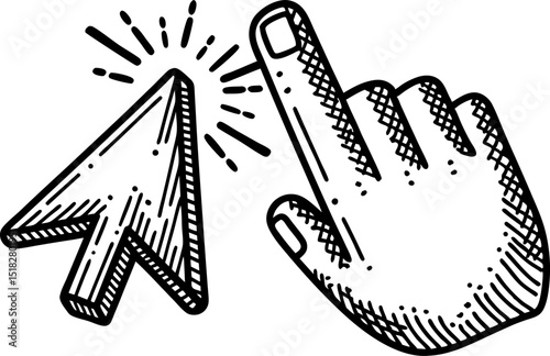 Hand cursor clicking arrow pointer icon doodle sketch, digital interaction and web navigation symbol