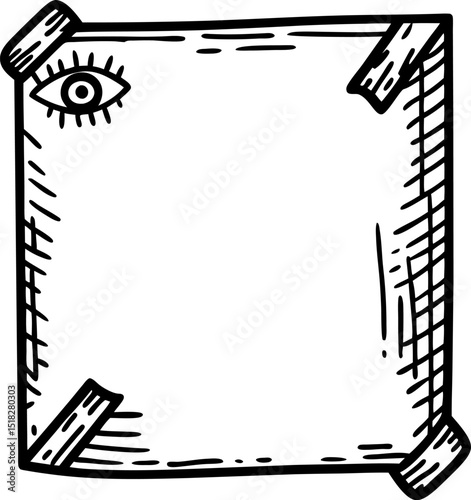 Blank vintage scroll illustration with eye symbol hand drawn paper with decorative border, empty frame for text