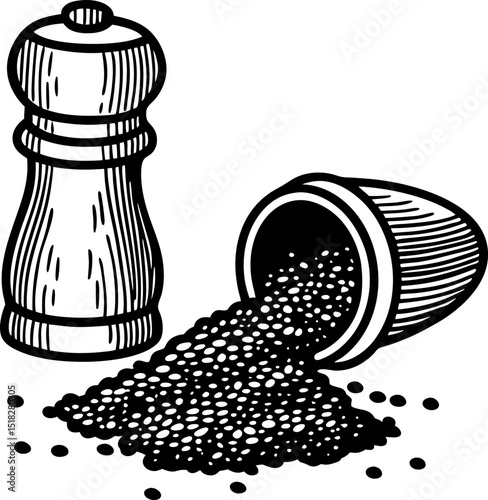 Black pepper grinder and spilled peppercorns utensil set, seasoning ingredients, isolated vintage illustration
