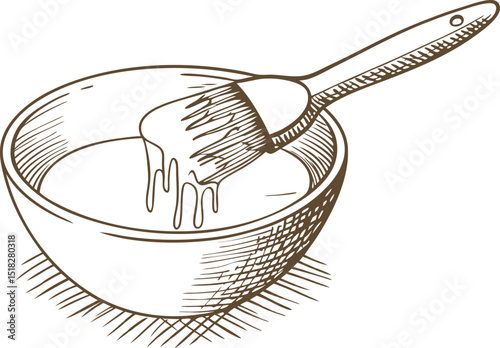 Bowl with pastry brush dipped in liquid mixture hand drawn illustration, baking preparation, kitchen utensil