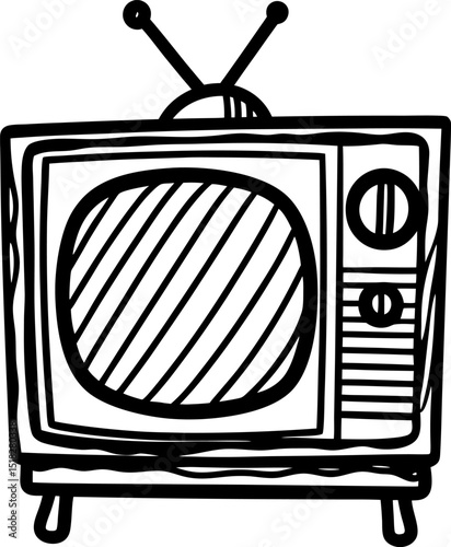 Retro television set illustration vintage tv with antenna, hand drawn black and white sketch