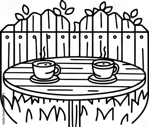 Outdoor garden table with two coffee cups, steaming hot drinks for morning relaxation and friendly conversation