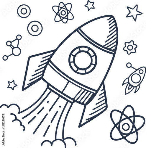Rocket blasting off with science icons space exploration, innovation, creativity, and stem education concept