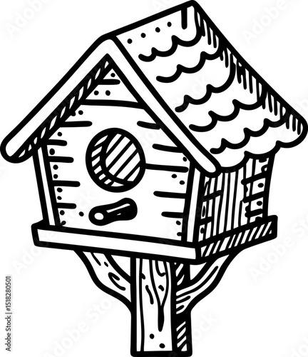 Hand drawn birdhouse on tree branch, rustic wooden nesting box for garden birds, vintage black and white illustration
