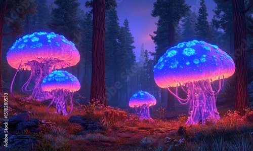 Glowing mushrooms in an enchanted forest at dusk