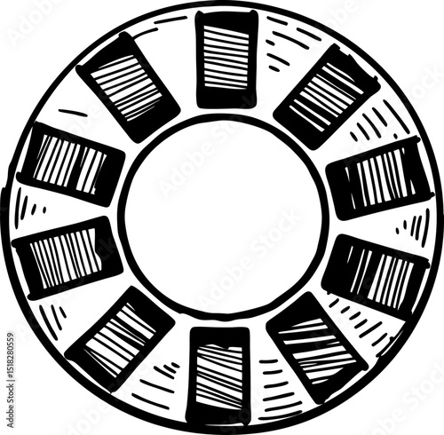 Vintage circular film slide viewer icon in black and white retro analog media design, hand drawn illustration