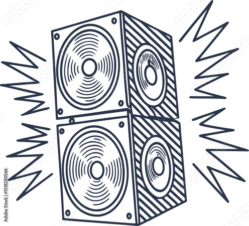Loudspeakers with sound waves music speakers emitting powerful audio, hand drawn style, energy and volume concept